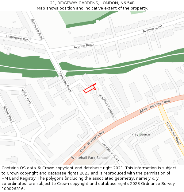 21, RIDGEWAY GARDENS, LONDON, N6 5XR: Location map and indicative extent of plot