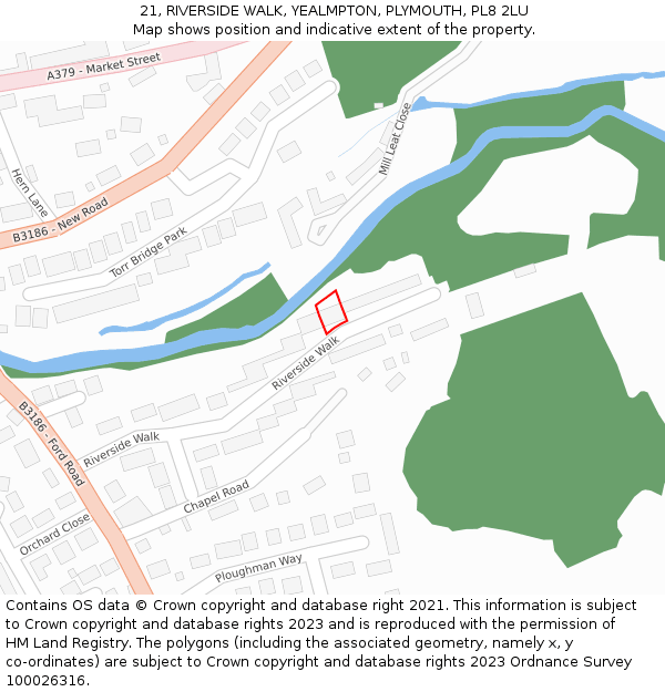 21, RIVERSIDE WALK, YEALMPTON, PLYMOUTH, PL8 2LU: Location map and indicative extent of plot