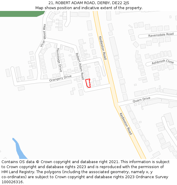21, ROBERT ADAM ROAD, DERBY, DE22 2JS: Location map and indicative extent of plot