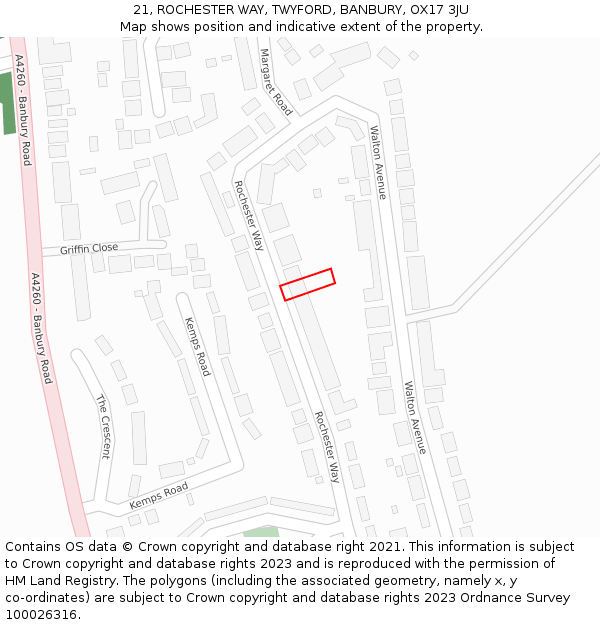 21, ROCHESTER WAY, TWYFORD, BANBURY, OX17 3JU: Location map and indicative extent of plot