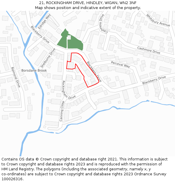 21, ROCKINGHAM DRIVE, HINDLEY, WIGAN, WN2 3NF: Location map and indicative extent of plot