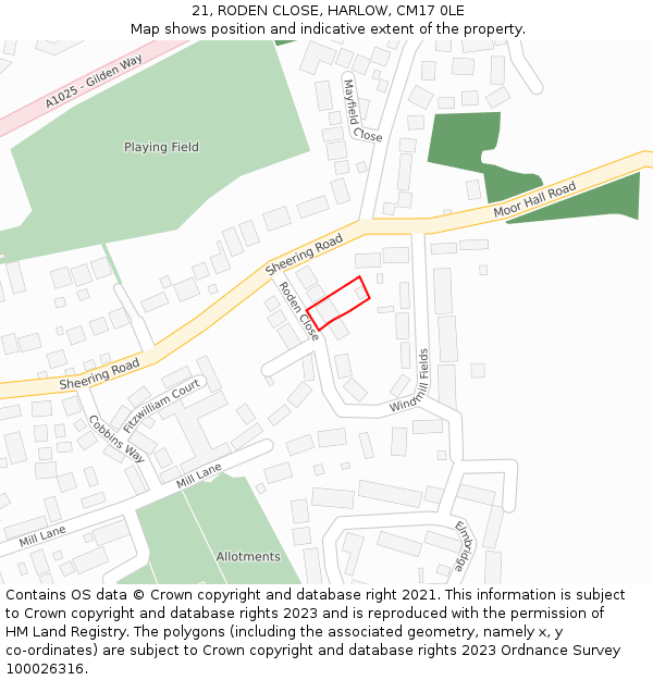 21, RODEN CLOSE, HARLOW, CM17 0LE: Location map and indicative extent of plot