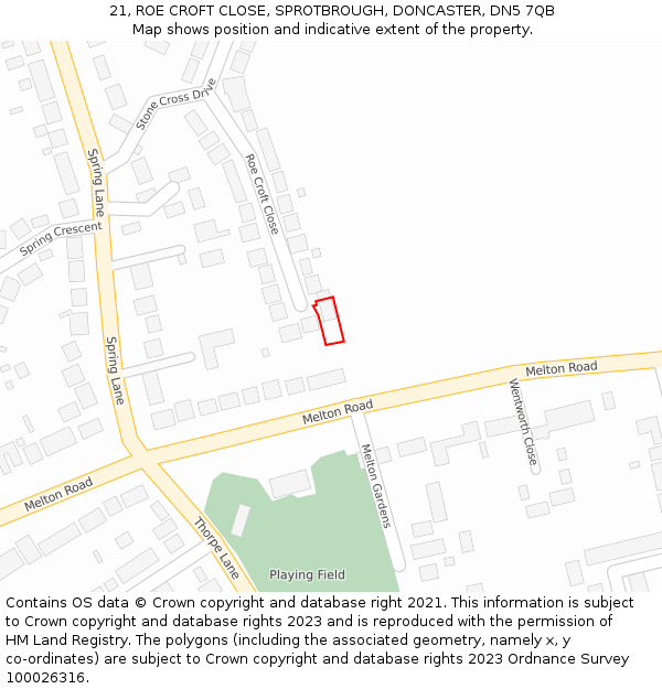 21, ROE CROFT CLOSE, SPROTBROUGH, DONCASTER, DN5 7QB: Location map and indicative extent of plot