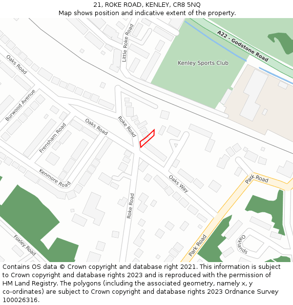 21, ROKE ROAD, KENLEY, CR8 5NQ: Location map and indicative extent of plot