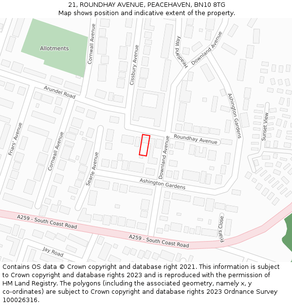 21, ROUNDHAY AVENUE, PEACEHAVEN, BN10 8TG: Location map and indicative extent of plot