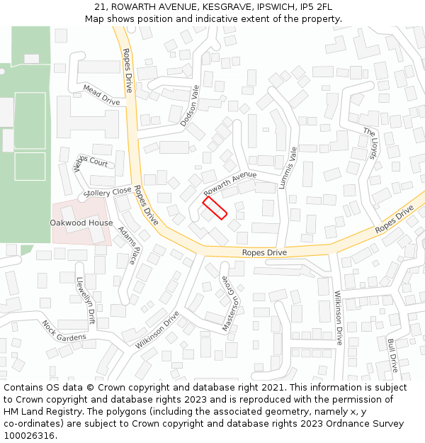 21, ROWARTH AVENUE, KESGRAVE, IPSWICH, IP5 2FL: Location map and indicative extent of plot