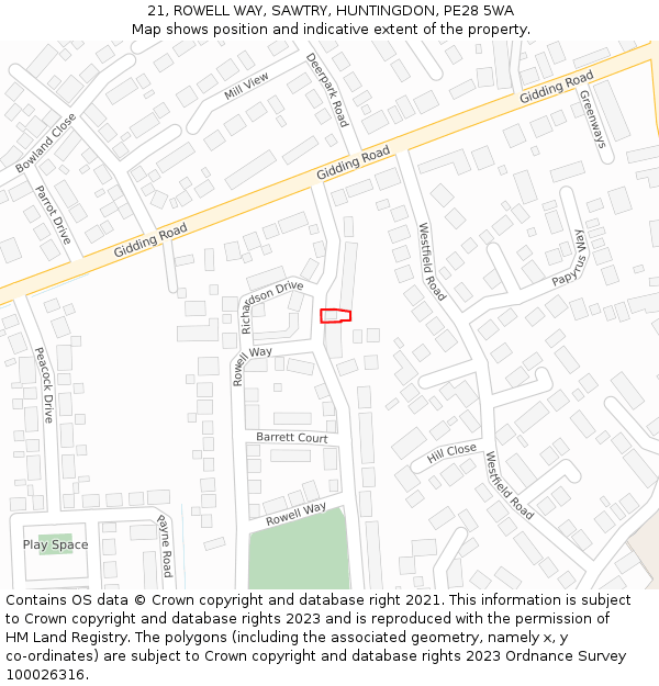 21, ROWELL WAY, SAWTRY, HUNTINGDON, PE28 5WA: Location map and indicative extent of plot