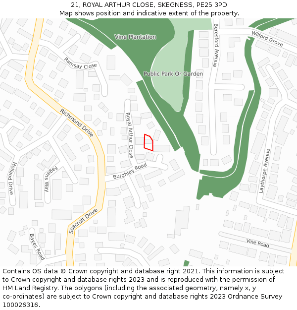 21, ROYAL ARTHUR CLOSE, SKEGNESS, PE25 3PD: Location map and indicative extent of plot