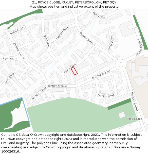 21, ROYCE CLOSE, YAXLEY, PETERBOROUGH, PE7 3QY: Location map and indicative extent of plot