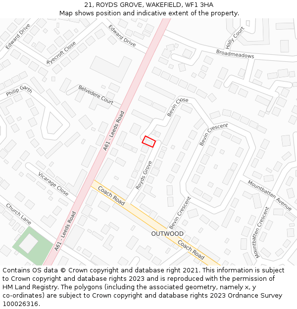 21, ROYDS GROVE, WAKEFIELD, WF1 3HA: Location map and indicative extent of plot