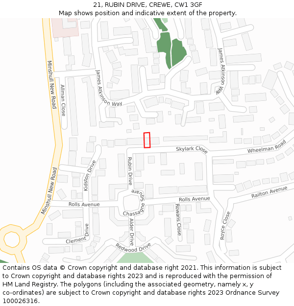 21, RUBIN DRIVE, CREWE, CW1 3GF: Location map and indicative extent of plot