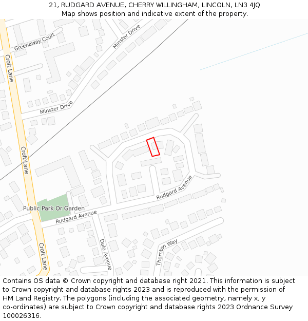 21, RUDGARD AVENUE, CHERRY WILLINGHAM, LINCOLN, LN3 4JQ: Location map and indicative extent of plot