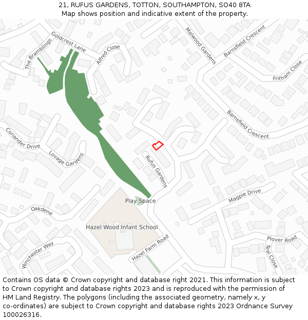 21, RUFUS GARDENS, TOTTON, SOUTHAMPTON, SO40 8TA: Location map and indicative extent of plot