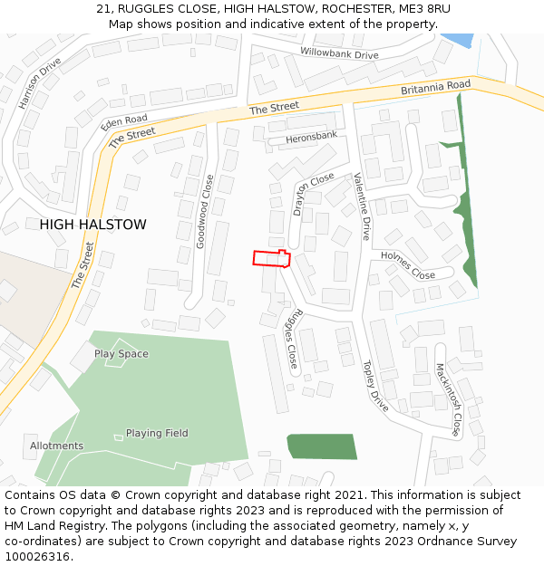 21, RUGGLES CLOSE, HIGH HALSTOW, ROCHESTER, ME3 8RU: Location map and indicative extent of plot