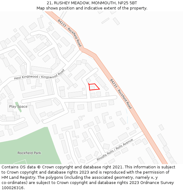 21, RUSHEY MEADOW, MONMOUTH, NP25 5BT: Location map and indicative extent of plot