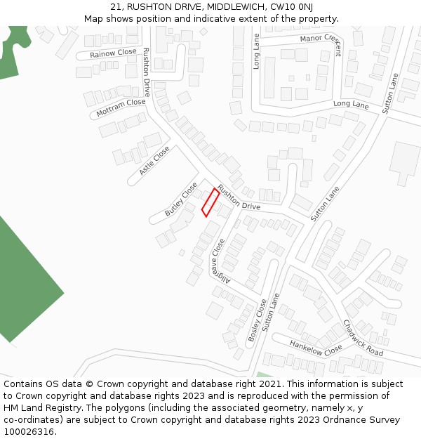 21, RUSHTON DRIVE, MIDDLEWICH, CW10 0NJ: Location map and indicative extent of plot