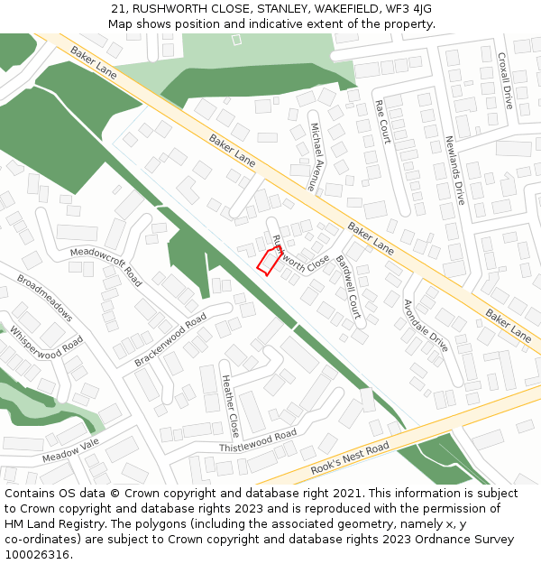 21, RUSHWORTH CLOSE, STANLEY, WAKEFIELD, WF3 4JG: Location map and indicative extent of plot