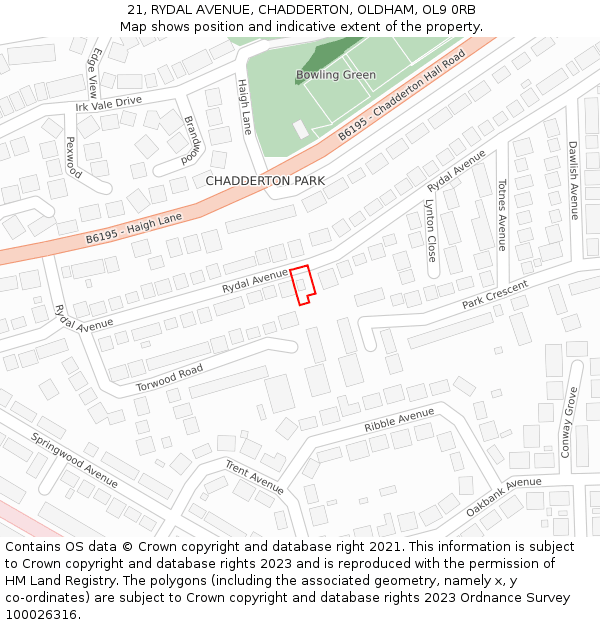 21, RYDAL AVENUE, CHADDERTON, OLDHAM, OL9 0RB: Location map and indicative extent of plot