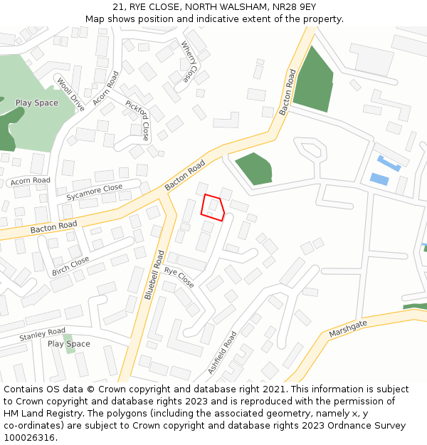 21, RYE CLOSE, NORTH WALSHAM, NR28 9EY: Location map and indicative extent of plot