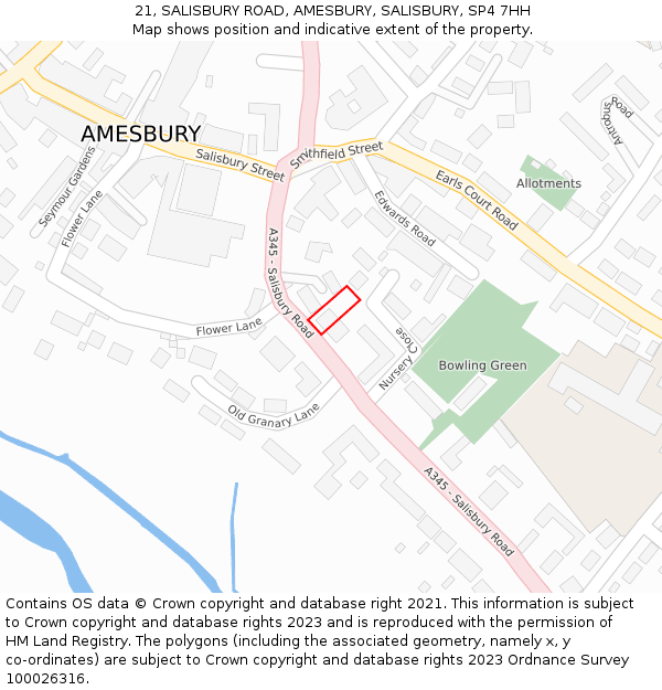 21, SALISBURY ROAD, AMESBURY, SALISBURY, SP4 7HH: Location map and indicative extent of plot