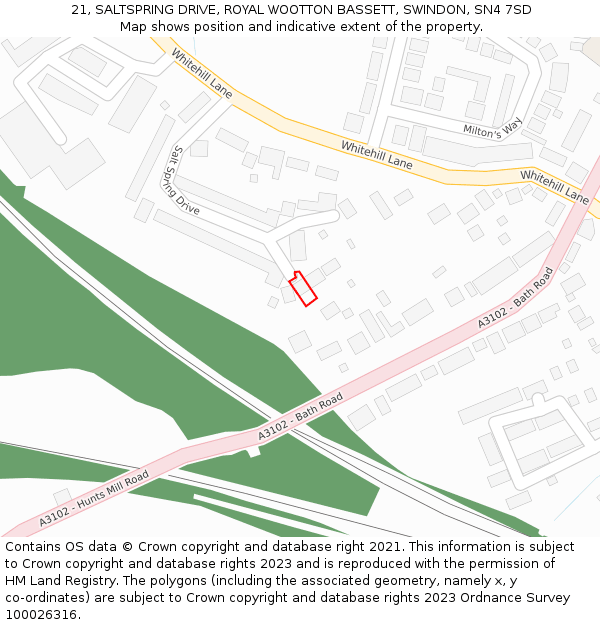 21, SALTSPRING DRIVE, ROYAL WOOTTON BASSETT, SWINDON, SN4 7SD: Location map and indicative extent of plot