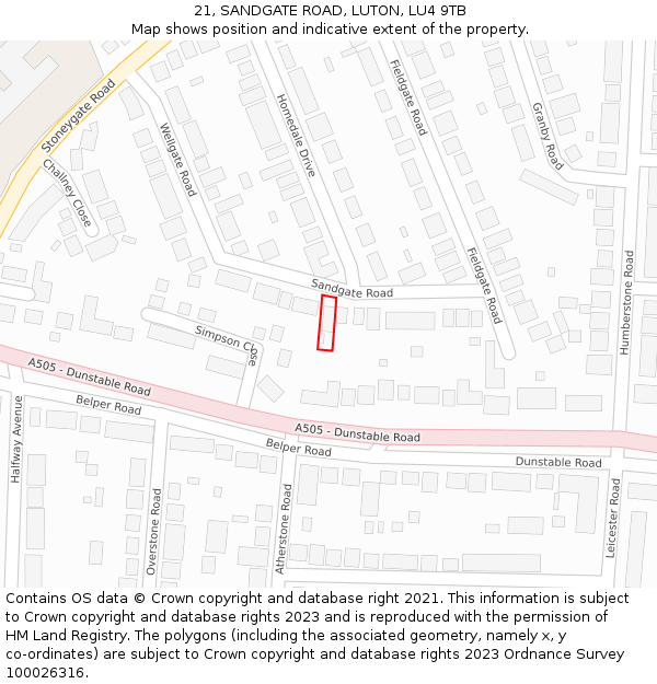 21, SANDGATE ROAD, LUTON, LU4 9TB: Location map and indicative extent of plot