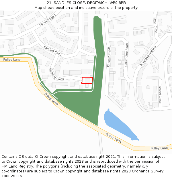 21, SANDLES CLOSE, DROITWICH, WR9 8RB: Location map and indicative extent of plot