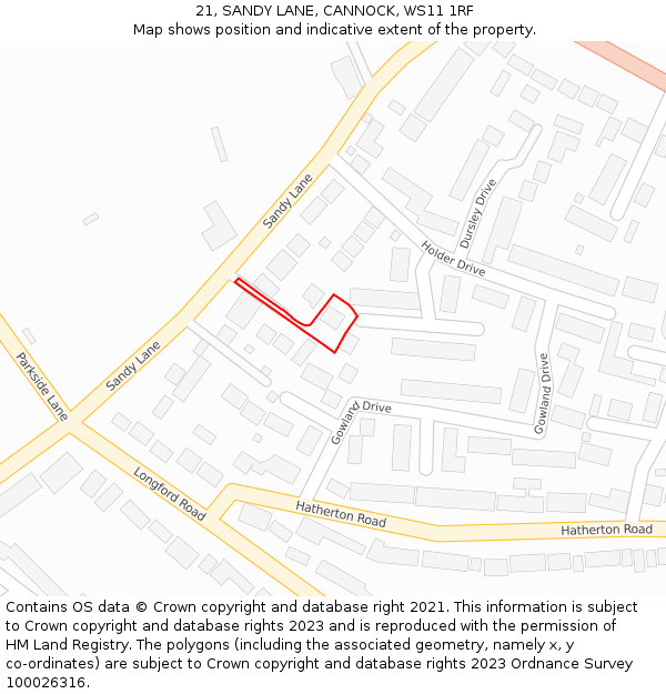 21, SANDY LANE, CANNOCK, WS11 1RF: Location map and indicative extent of plot