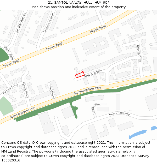 21, SANTOLINA WAY, HULL, HU4 6QP: Location map and indicative extent of plot