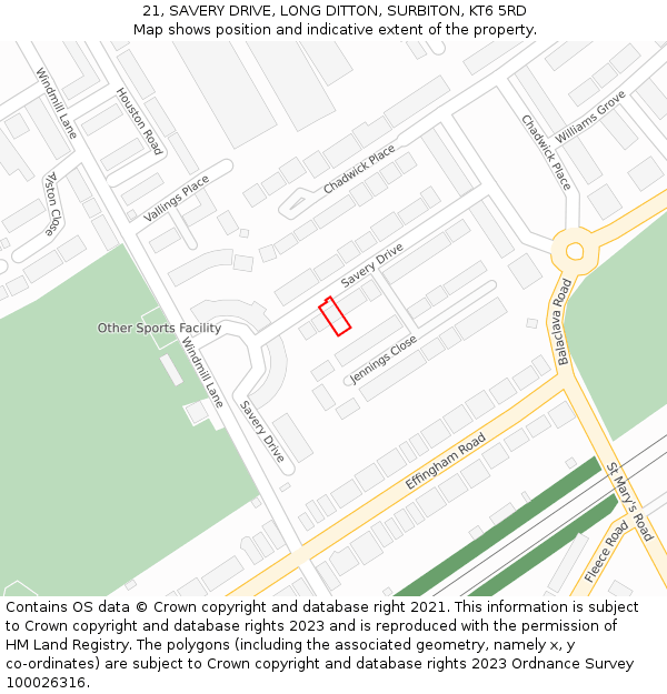21, SAVERY DRIVE, LONG DITTON, SURBITON, KT6 5RD: Location map and indicative extent of plot