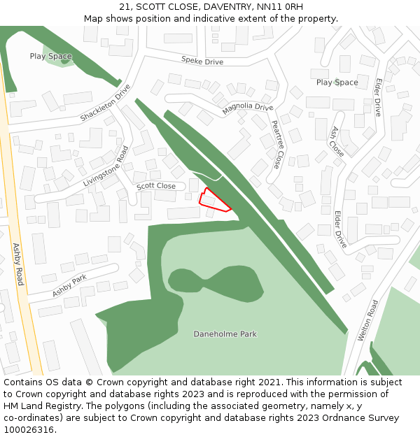 21, SCOTT CLOSE, DAVENTRY, NN11 0RH: Location map and indicative extent of plot