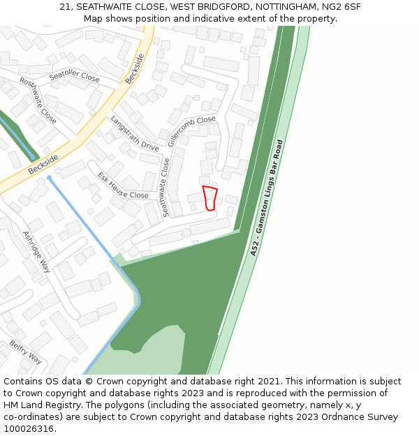 21, SEATHWAITE CLOSE, WEST BRIDGFORD, NOTTINGHAM, NG2 6SF: Location map and indicative extent of plot