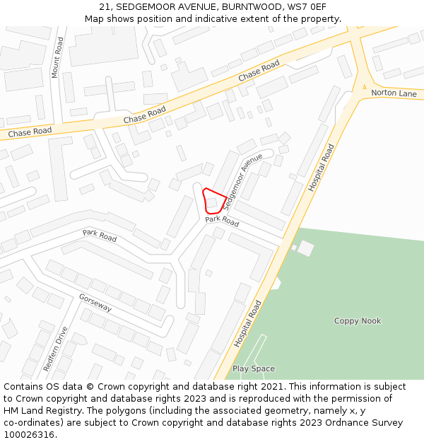 21, SEDGEMOOR AVENUE, BURNTWOOD, WS7 0EF: Location map and indicative extent of plot