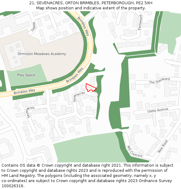 21, SEVENACRES, ORTON BRIMBLES, PETERBOROUGH, PE2 5XH: Location map and indicative extent of plot