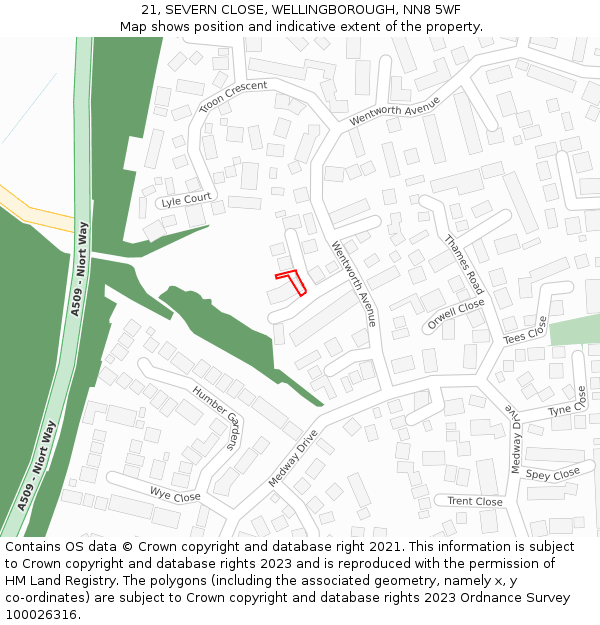 21, SEVERN CLOSE, WELLINGBOROUGH, NN8 5WF: Location map and indicative extent of plot