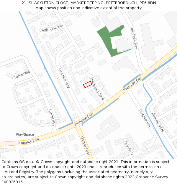 21, SHACKLETON CLOSE, MARKET DEEPING, PETERBOROUGH, PE6 8DN: Location map and indicative extent of plot