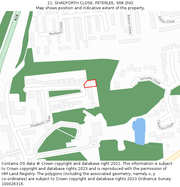 21, SHADFORTH CLOSE, PETERLEE, SR8 2NG: Location map and indicative extent of plot