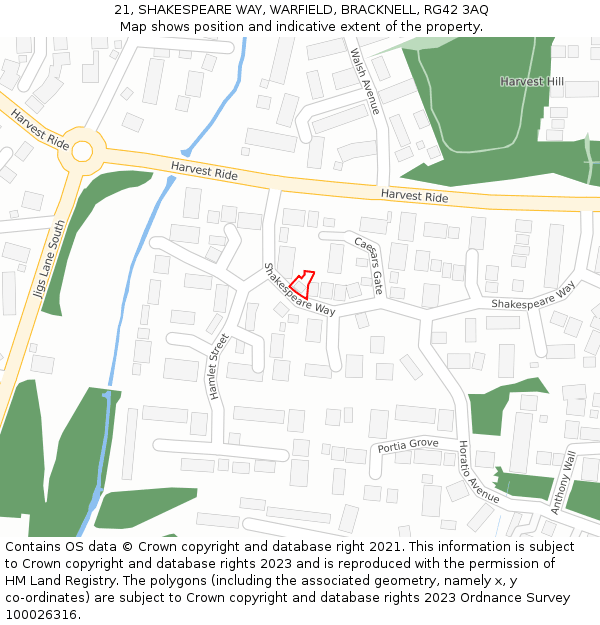 21, SHAKESPEARE WAY, WARFIELD, BRACKNELL, RG42 3AQ: Location map and indicative extent of plot