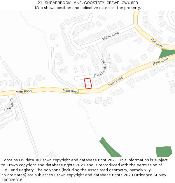 21, SHEARBROOK LANE, GOOSTREY, CREWE, CW4 8PR: Location map and indicative extent of plot