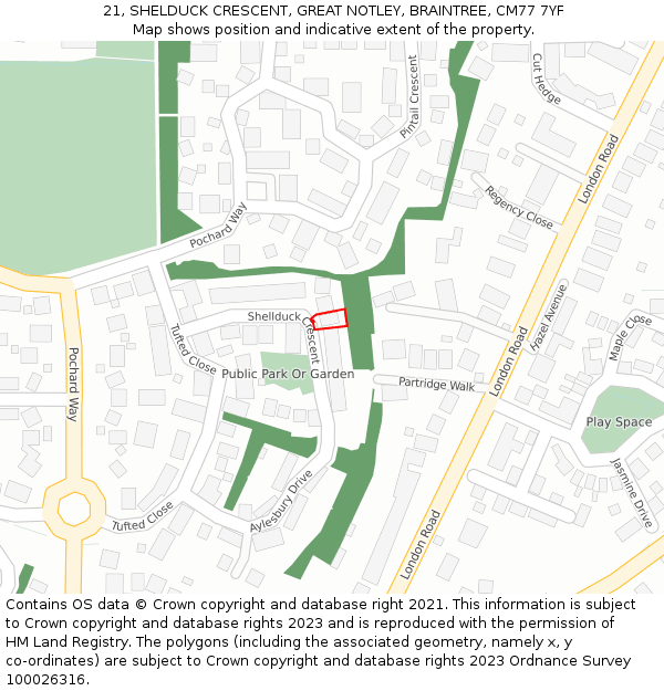 21, SHELDUCK CRESCENT, GREAT NOTLEY, BRAINTREE, CM77 7YF: Location map and indicative extent of plot