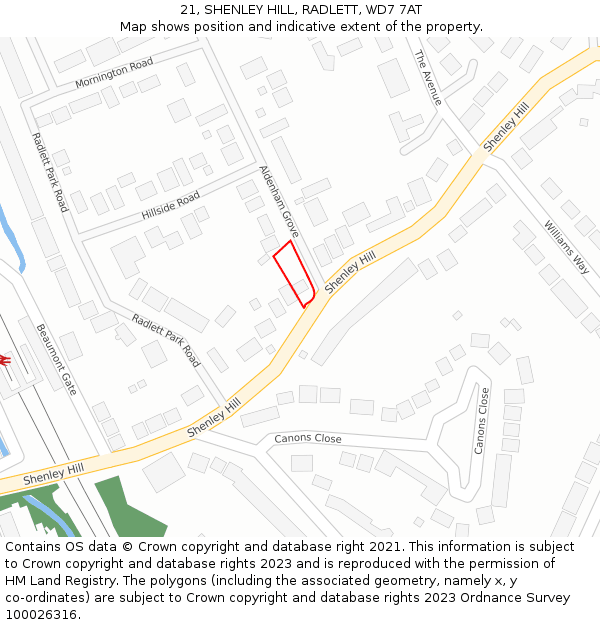 21, SHENLEY HILL, RADLETT, WD7 7AT: Location map and indicative extent of plot