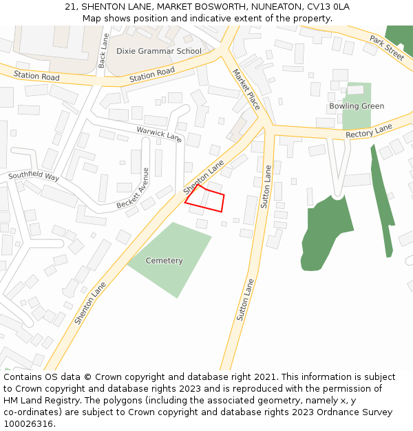 21, SHENTON LANE, MARKET BOSWORTH, NUNEATON, CV13 0LA: Location map and indicative extent of plot