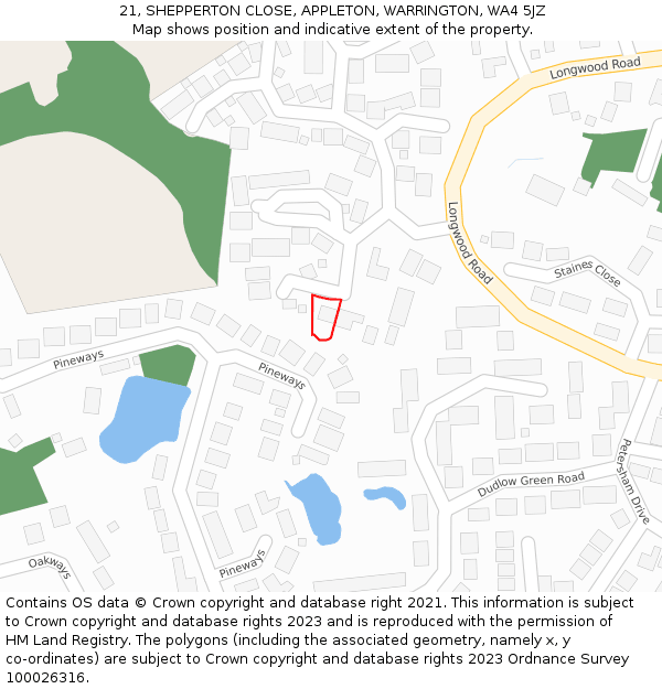 21, SHEPPERTON CLOSE, APPLETON, WARRINGTON, WA4 5JZ: Location map and indicative extent of plot