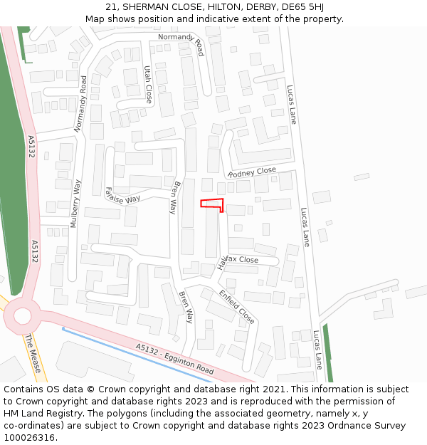 21, SHERMAN CLOSE, HILTON, DERBY, DE65 5HJ: Location map and indicative extent of plot