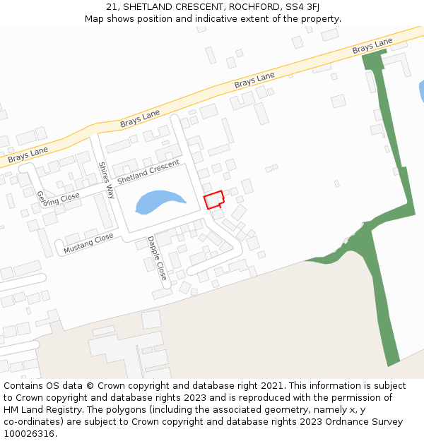 21, SHETLAND CRESCENT, ROCHFORD, SS4 3FJ: Location map and indicative extent of plot