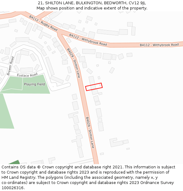 21, SHILTON LANE, BULKINGTON, BEDWORTH, CV12 9JL: Location map and indicative extent of plot