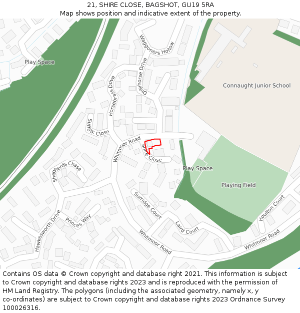 21, SHIRE CLOSE, BAGSHOT, GU19 5RA: Location map and indicative extent of plot