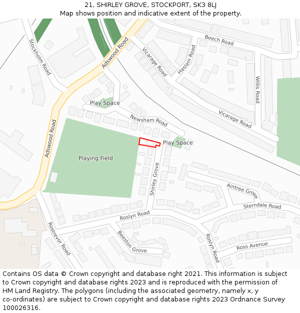 21, SHIRLEY GROVE, STOCKPORT, SK3 8LJ: Location map and indicative extent of plot