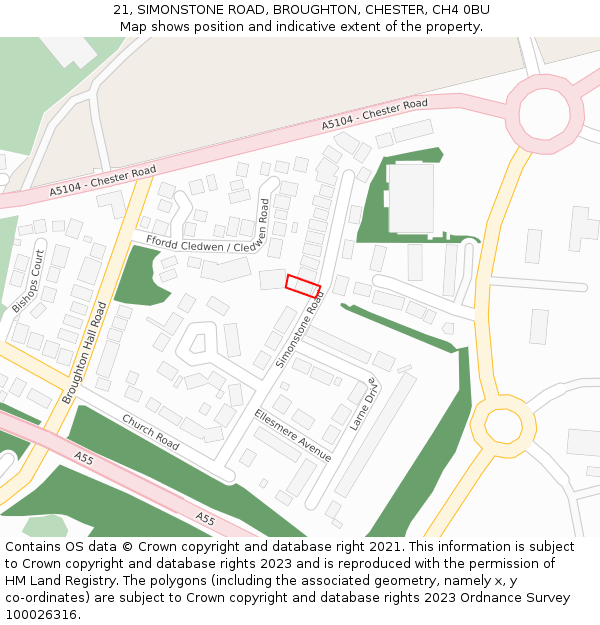 21, SIMONSTONE ROAD, BROUGHTON, CHESTER, CH4 0BU: Location map and indicative extent of plot