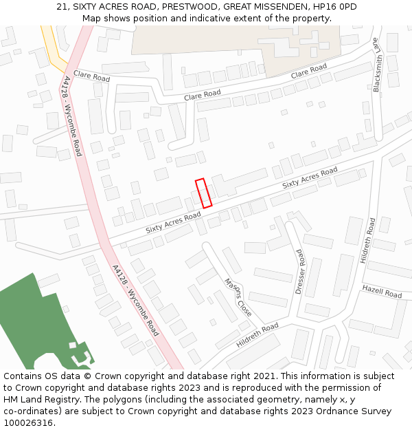 21, SIXTY ACRES ROAD, PRESTWOOD, GREAT MISSENDEN, HP16 0PD: Location map and indicative extent of plot